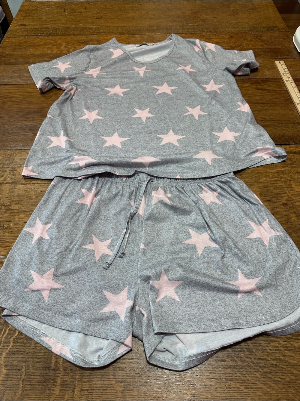Women's Gray and Pink Star Short Pajama Set - Comfort Lounge Tee & Shorts sz 2XL
